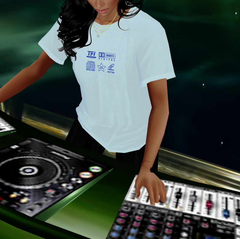 Tropical Disc Digital Audio Navy Blue on Sky Blue Tee