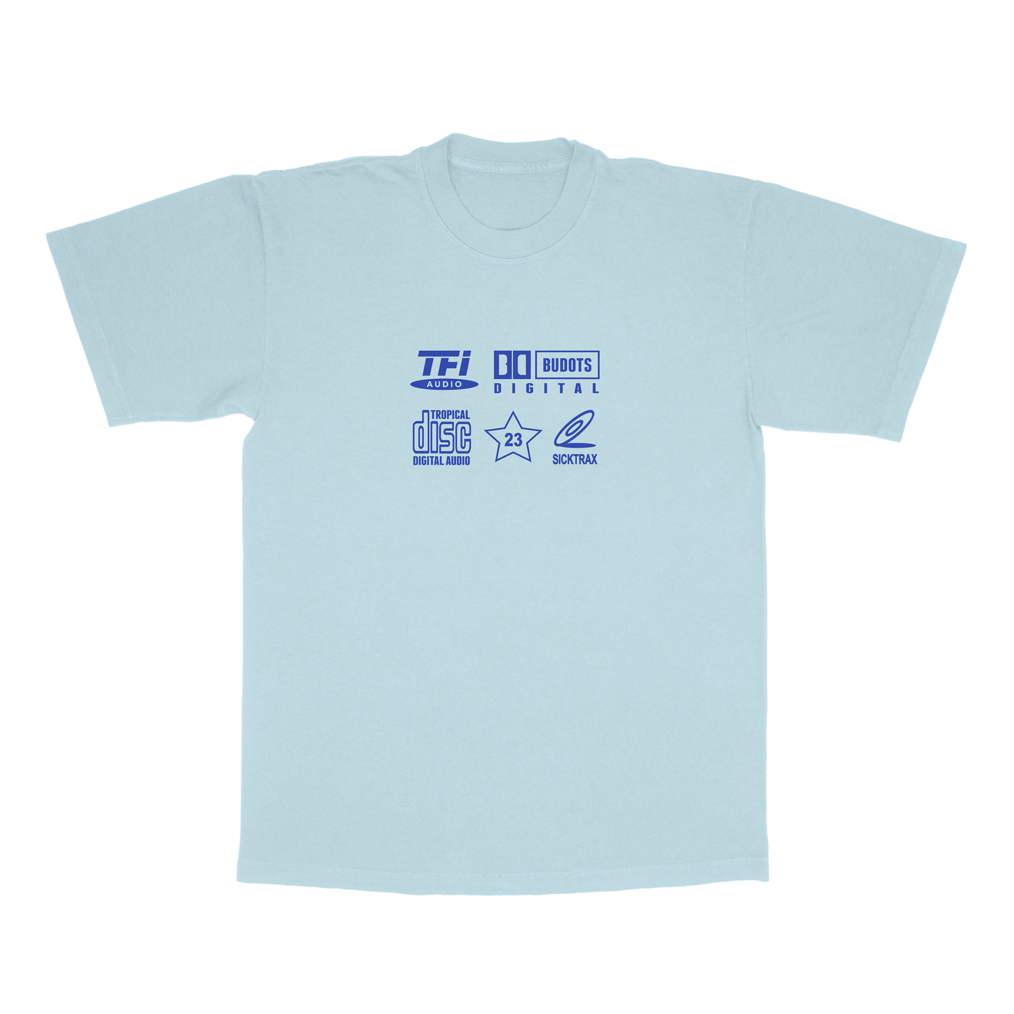 Tropical Disc Digital Audio Navy Blue on Sky Blue Tee