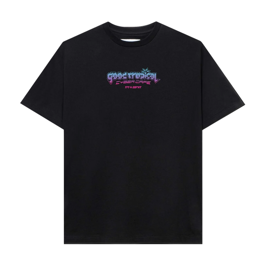 Goodfight x Tropical Futures Cyber Cafe Sponsor Graphic T-Shirt in Black, front view