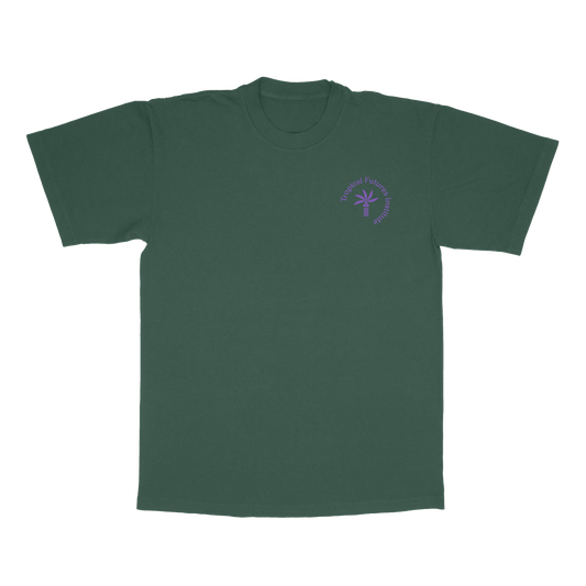 Tropical Futures Logo Purple on Forest Green Tee, front view