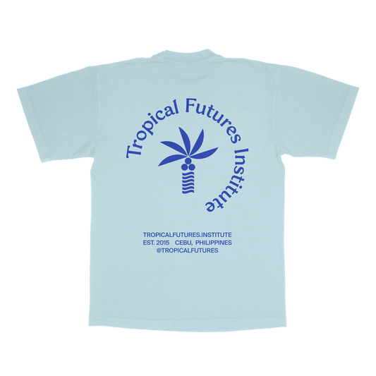 Tropical Disc Digital Audio Navy Blue on Sky Blue Tee, back view